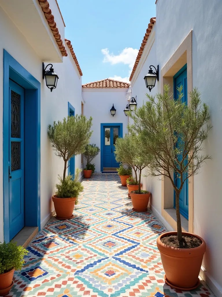 Sunny balcony with intricate mosaic flooring and Mediterranean decor