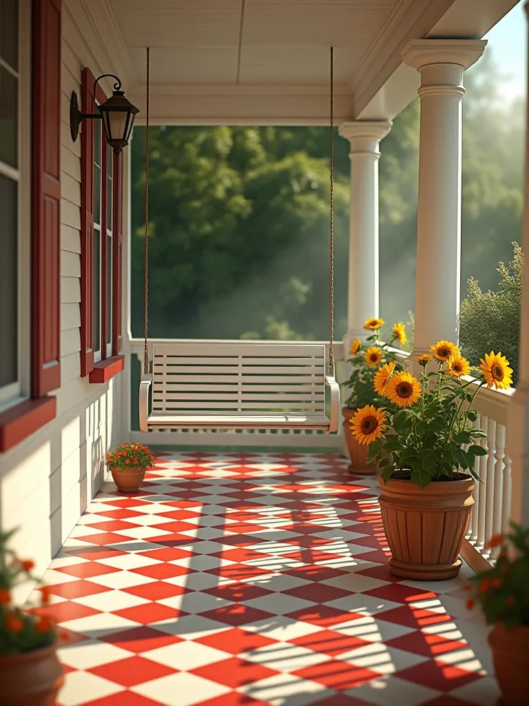 Sunny country porch with red and white checkered floor, swing, and sunflowers