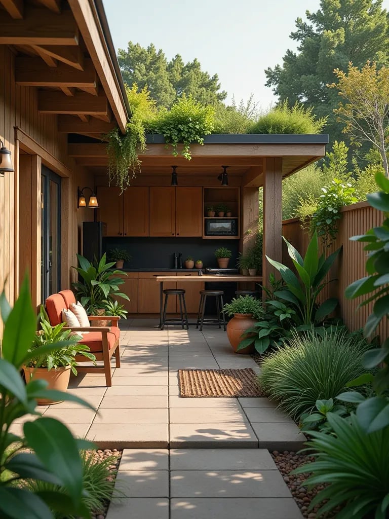 Sustainable backyard patio with green roof and solar lighting in daylight