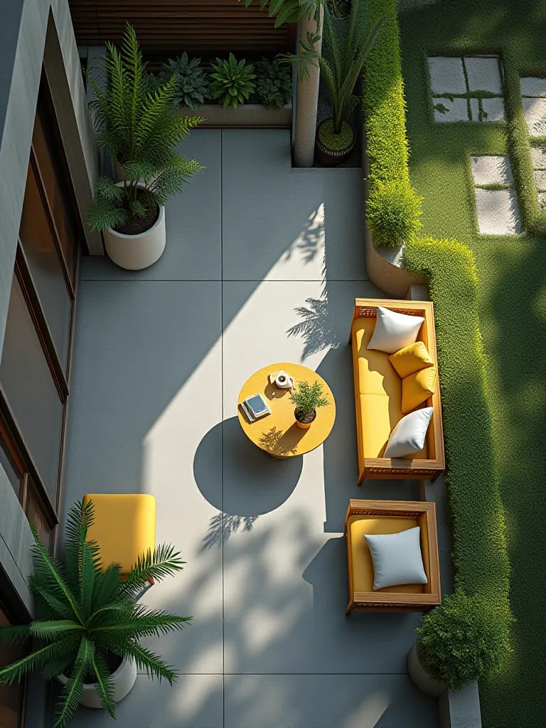 Top down view of sleek porch with gray floor and yellow geometric elements