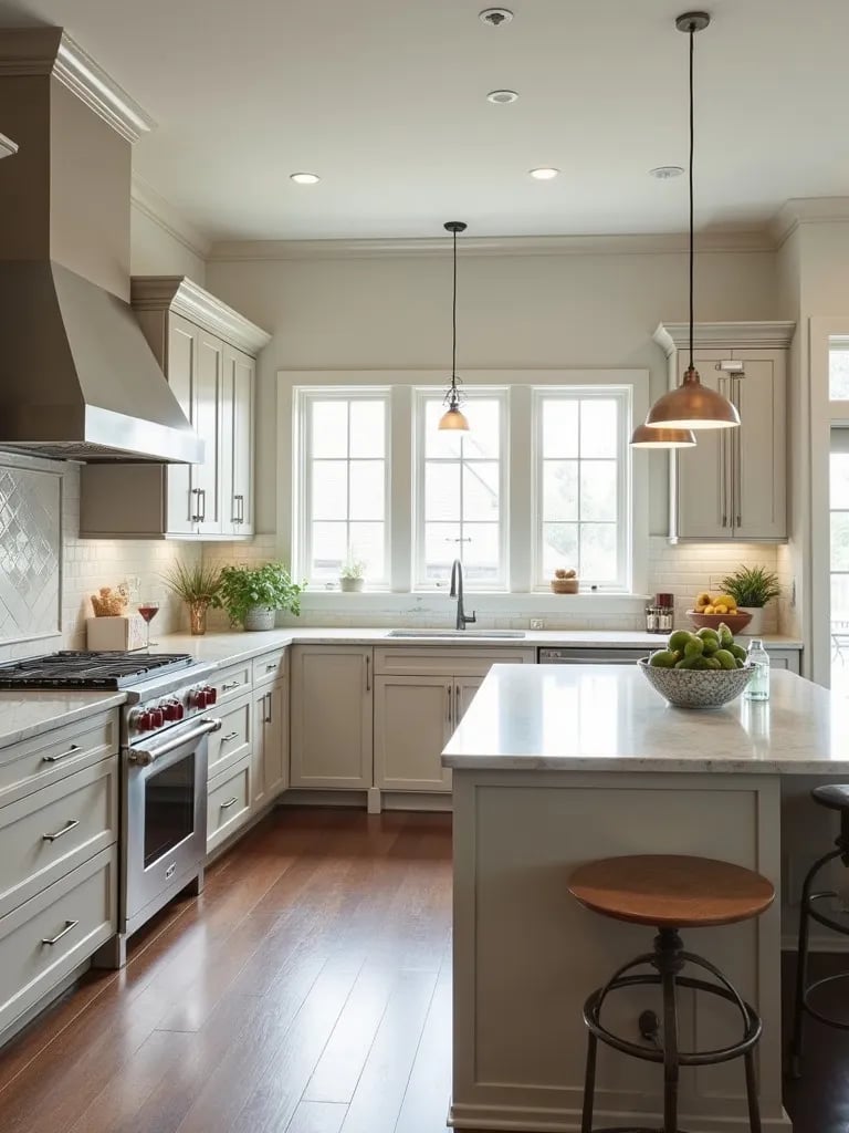 U shaped kitchen with breakfast nook and pendant lighting, viewed from corner angle