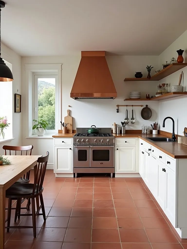 Warm Scandinavian kitchen with terracotta floors and copper hood