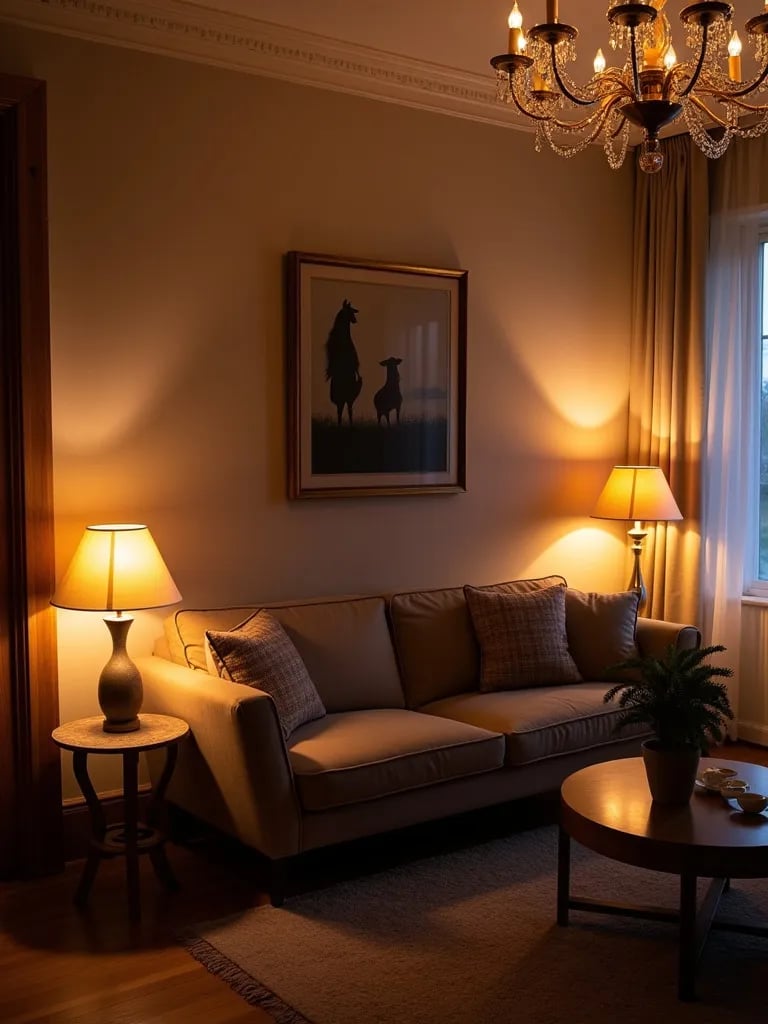 Warm and inviting living room with multiple light sources