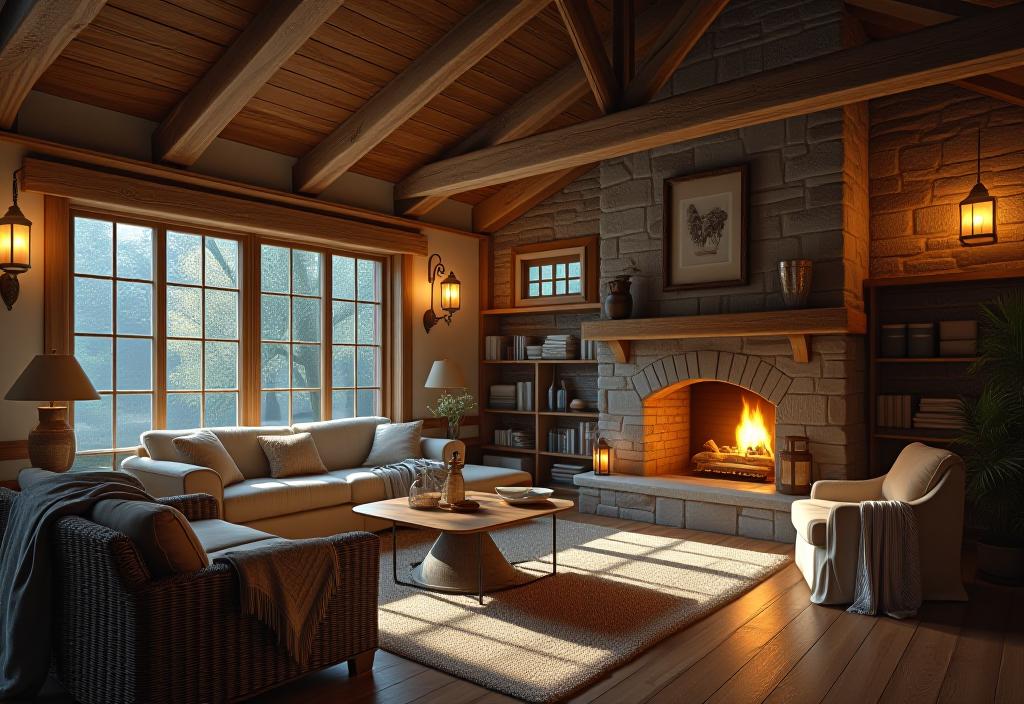 Warm and inviting rustic living room with natural elements and soft lighting