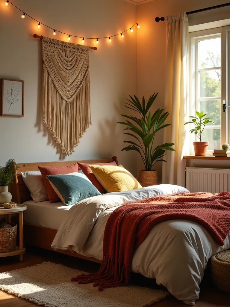 Warm, inviting boho bedroom with handmade decor and soft lighting