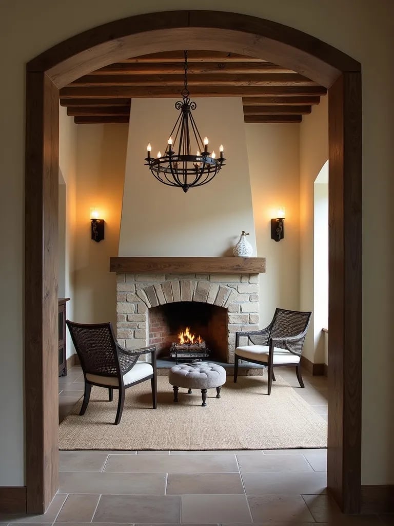 Warm, inviting living area with rustic lighting elements