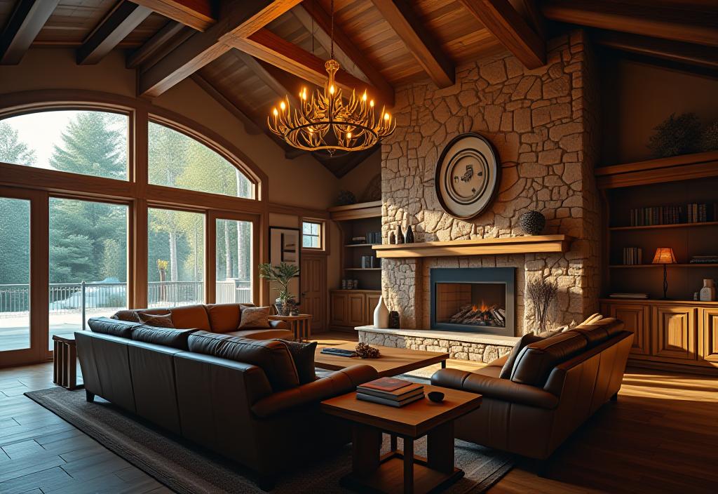 Warm, inviting rustic living room with natural elements and soft lighting