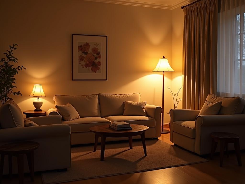 Warm, inviting small living room with soft ambient lighting