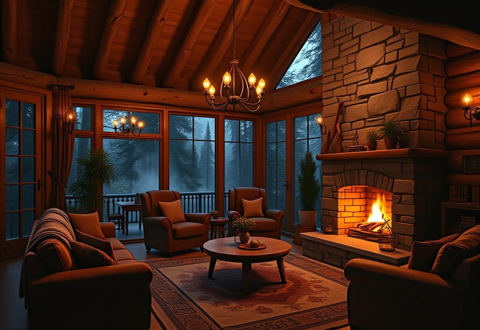 Warm lit rustic living room with wooden beams and stone fireplace