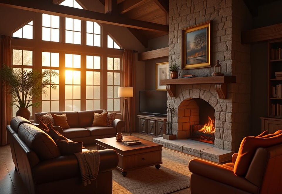 Warm toned rustic living room with wooden beams and stone fireplace at sunset