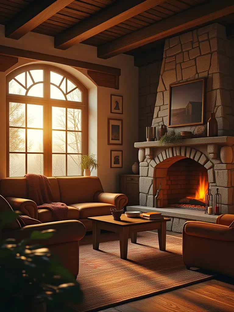 Warm toned rustic living room with wooden beams and stone fireplace at sunset