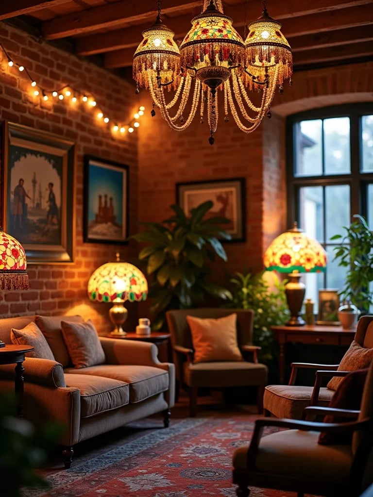 Whimsical living area featuring diverse, colorful lighting fixtures