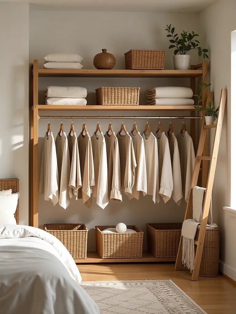 Wide view of boho inspired bedroom storage and organization setup