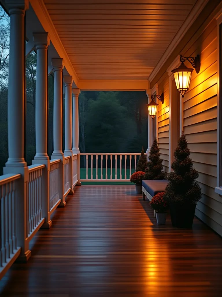 Wraparound porch with mahogany floor and white railings lit by warm lights at dusk