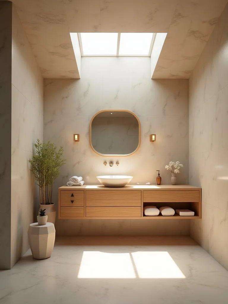 Zen bathroom with skylight casting light patterns on floor