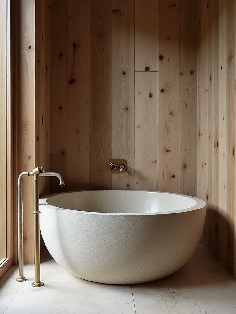 Zen style bathroom with stone tub and reclaimed wood accents