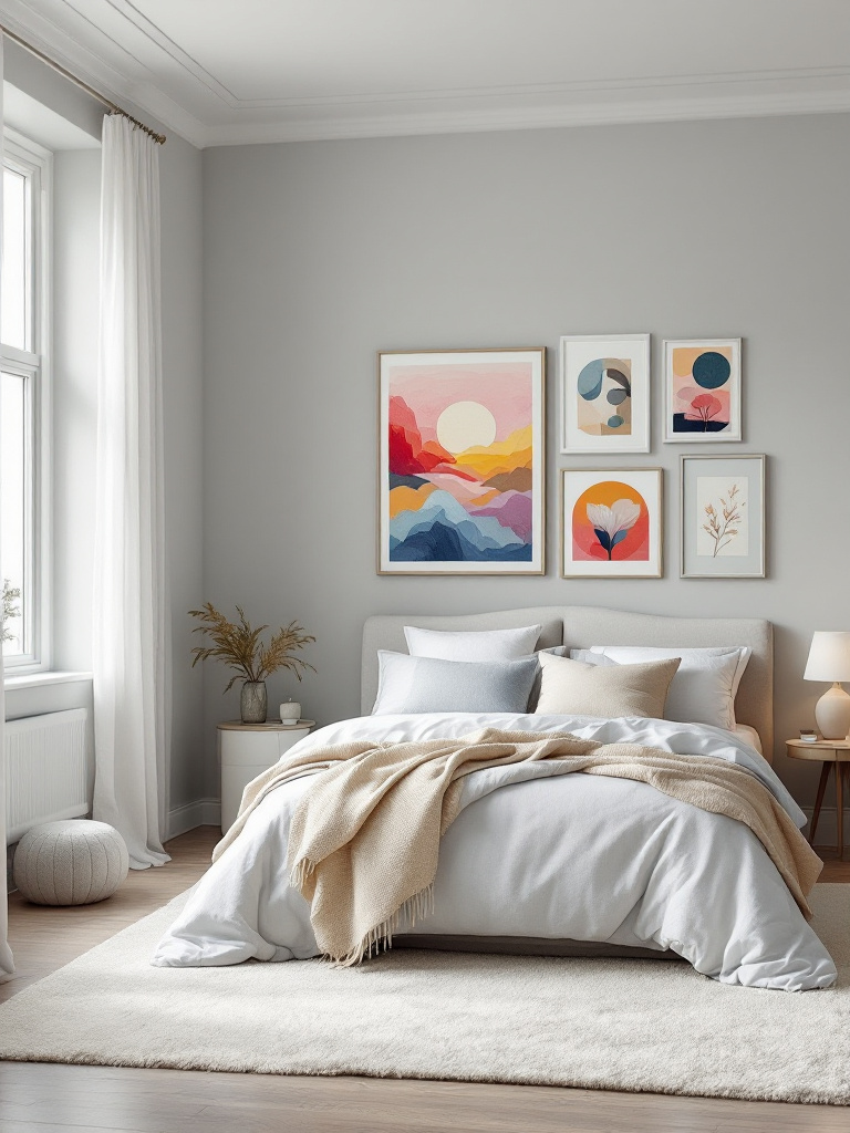 An airy bedroom with walls painted in a soft dove grey, elegantly styled to create a serene and refined environment. 