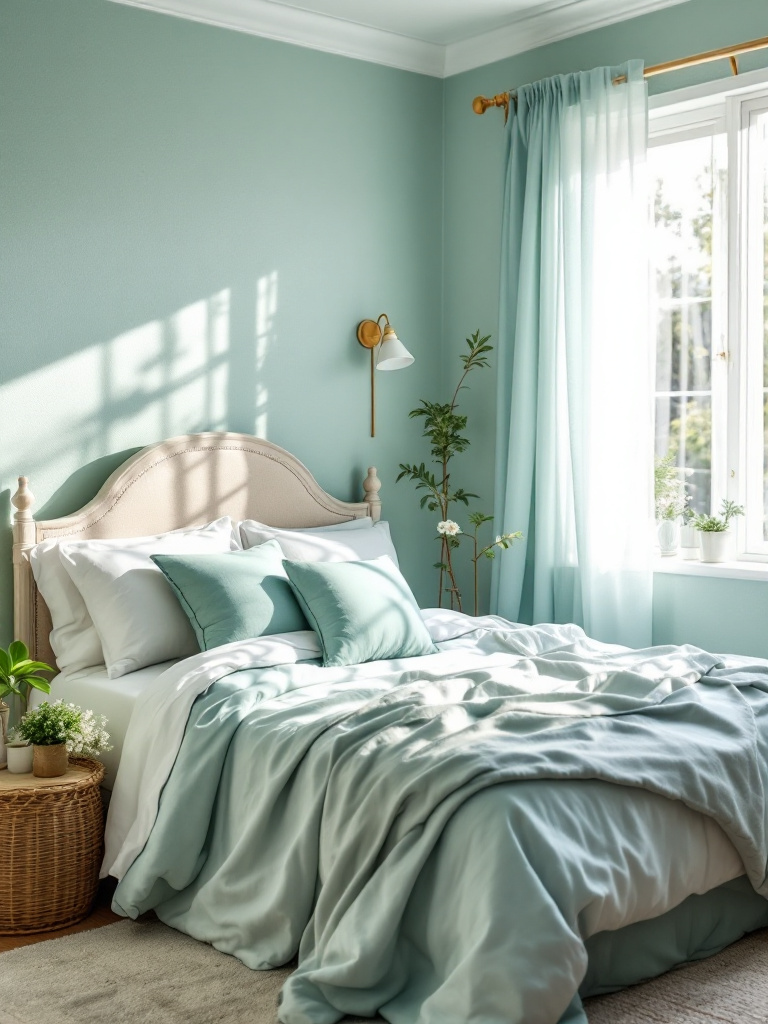 A tranquil bedroom with walls painted in soft, muted blues and greens, designed to create a calming atmosphere. 