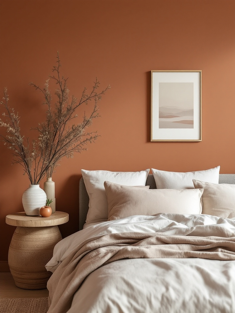 A warm and inviting bedroom interior featuring muted terracotta walls, perfect for creating a snug, welcoming environment. 