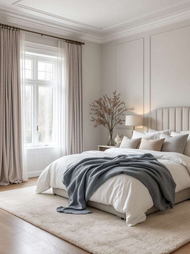A beautifully styled bedroom featuring a palette of soft greys, gentle taupes, and muted blues. 