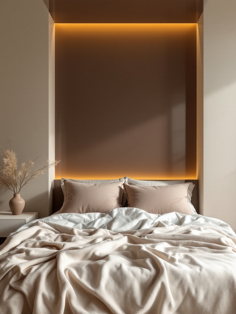 A serene bedroom with most walls finished in a soft matte texture, creating a calm and soothing atmosphere. Behind the bed, a glossy accent wall adds a touch of elegance and depth, reflecting light subtly to enhance the room’s sense of space. The contrast in textures brings visual interest without the need for additional colors.