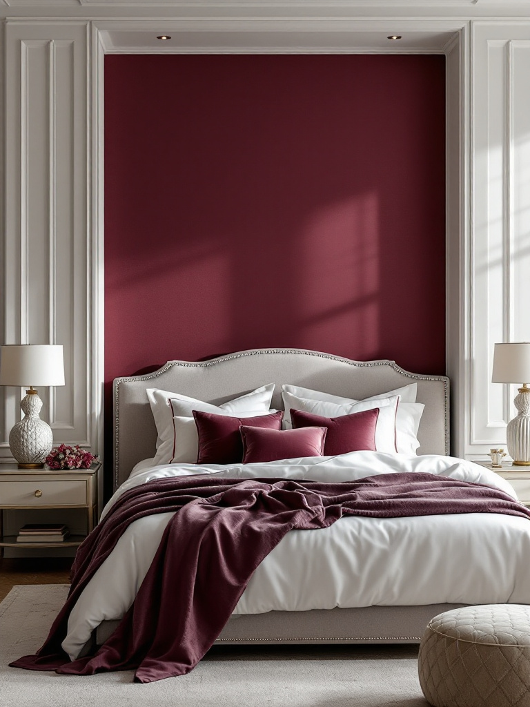 A sophisticated bedroom featuring a deep burgundy accent wall, contrasted with soft grey tones and clean white accents. 