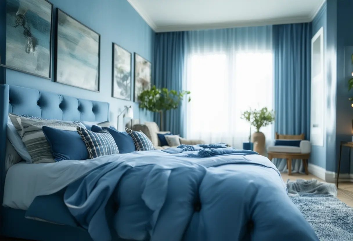 A beautifully styled bedroom with a blend of soft sky blue and deep navy tones