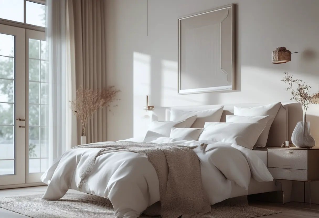 A serene bedroom designed with soft beige walls, creating a timeless and elegant retreat.