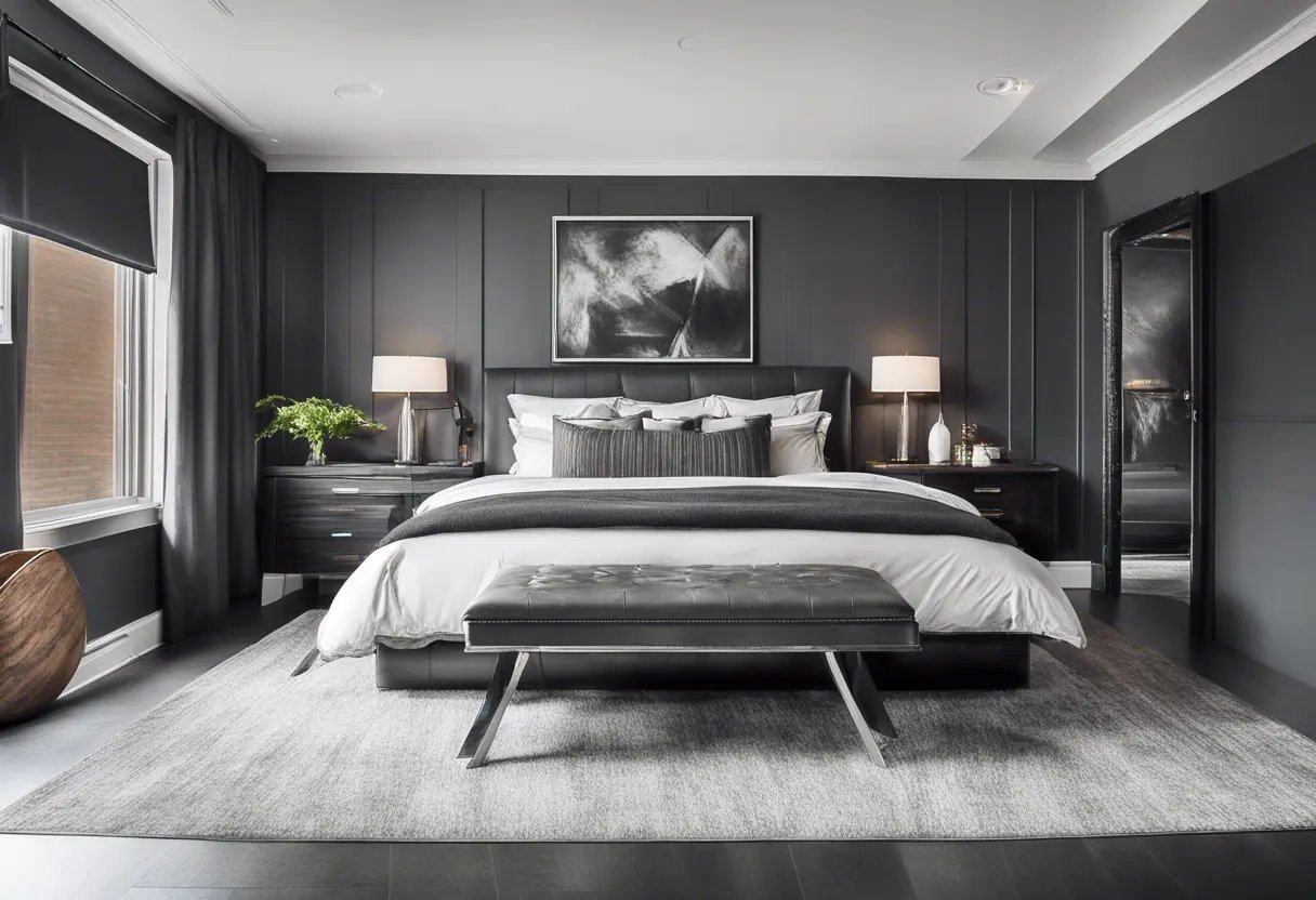 A sophisticated bedroom featuring deep charcoal gray walls, creating a sleek and masculine vibe