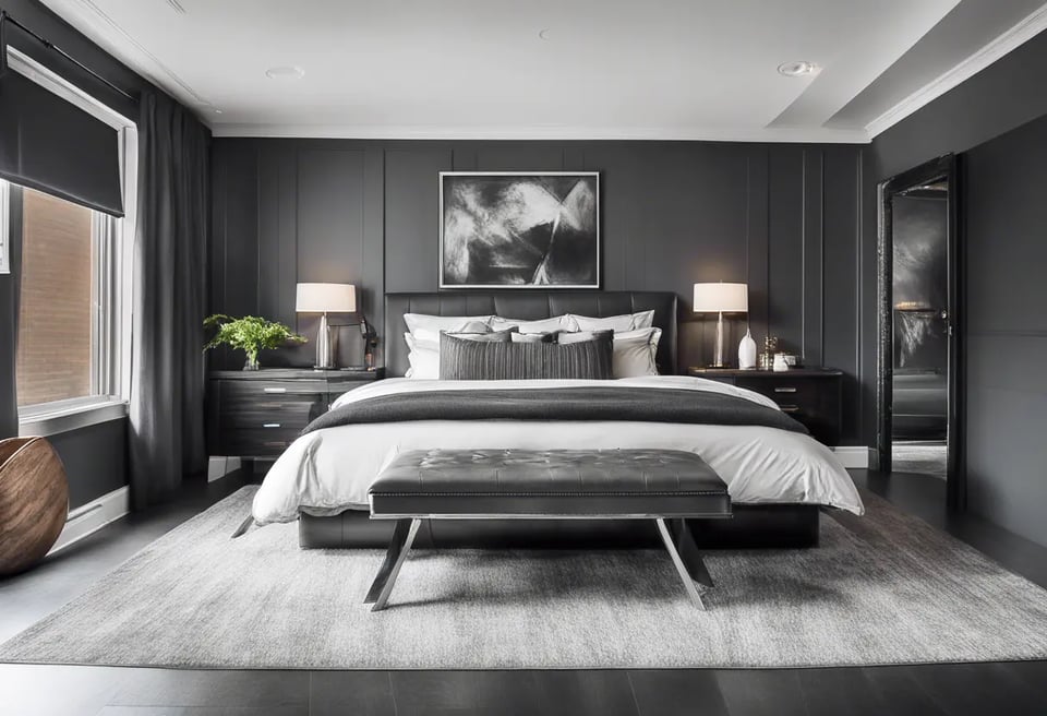 A sophisticated bedroom featuring deep charcoal gray walls, creating a sleek and masculine vibe