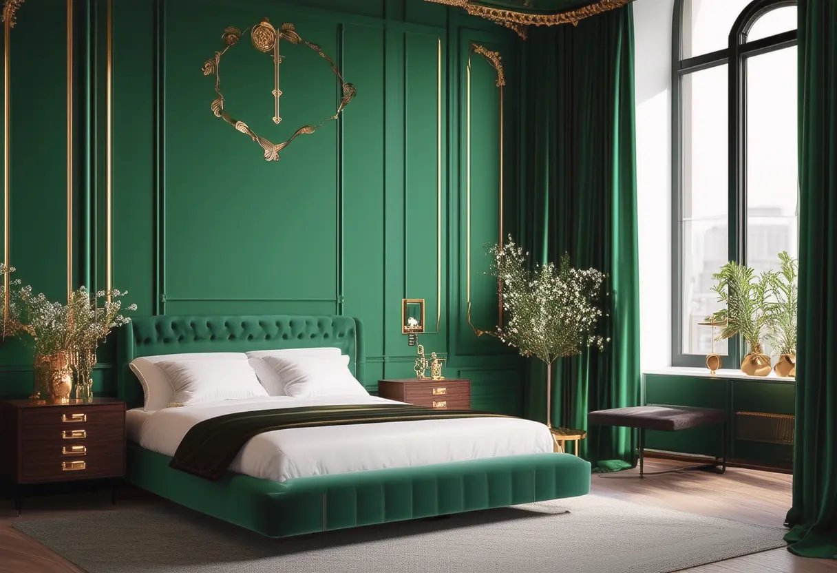 A striking bedroom with walls painted in a bold emerald green