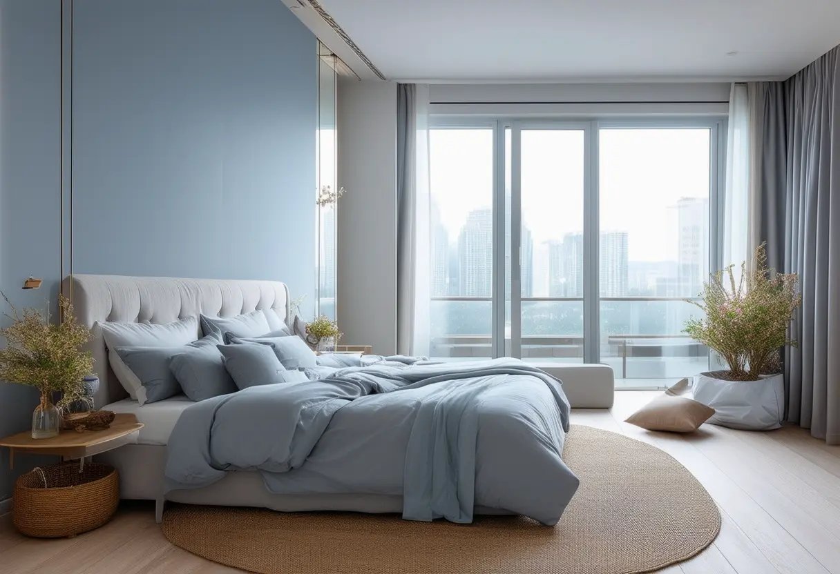 A tranquil bedroom designed with soft, muted tones like pale blue and gentle grey