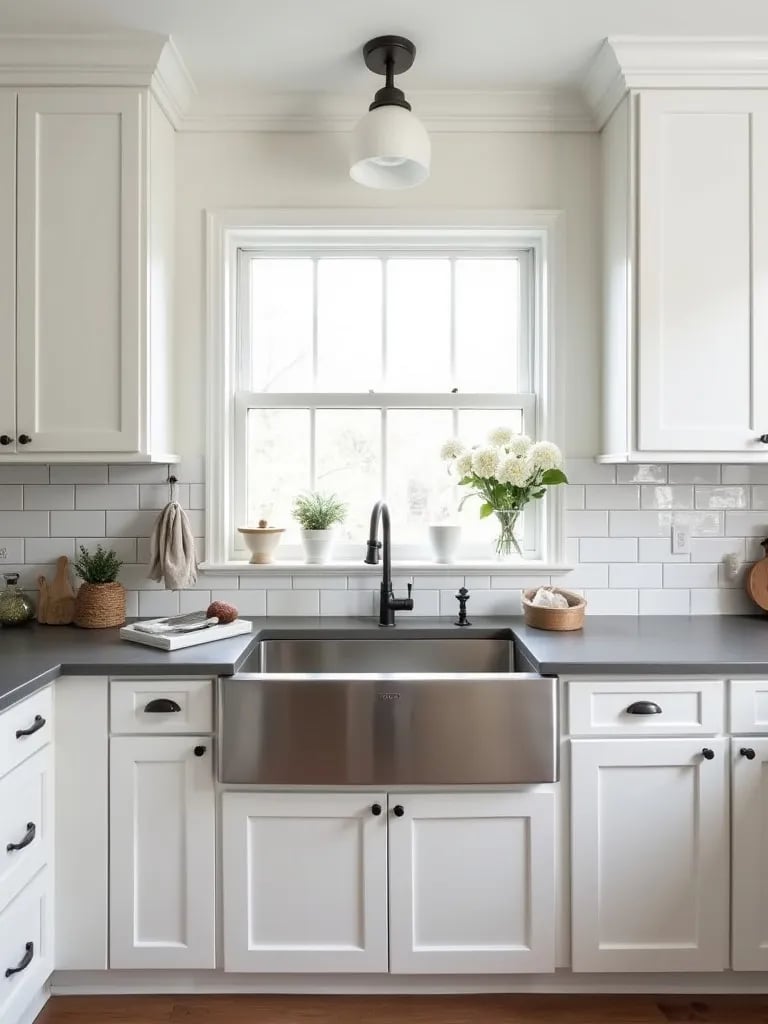 Aerial view of sleek farmhouse kitchen with steel sink and white details