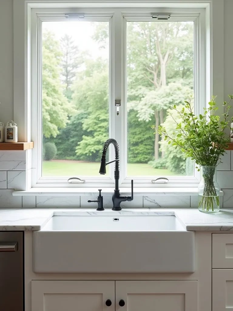 Airy kitchen with fireclay sink, marble counters, and window view