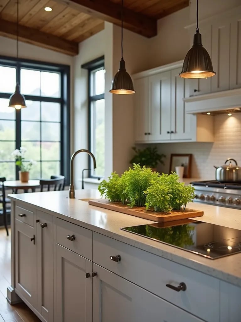 Angled view of rustic kitchen featuring island with herb garden and sleek cooktop