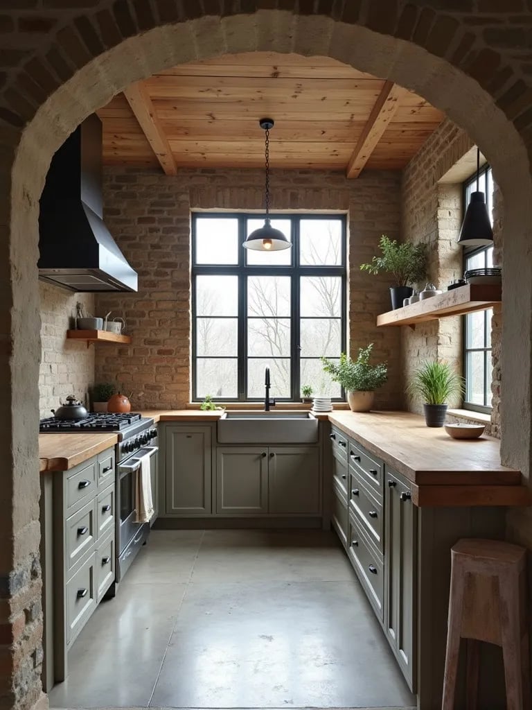 Archway view of farmhouse kitchen with concrete sink and industrial elements