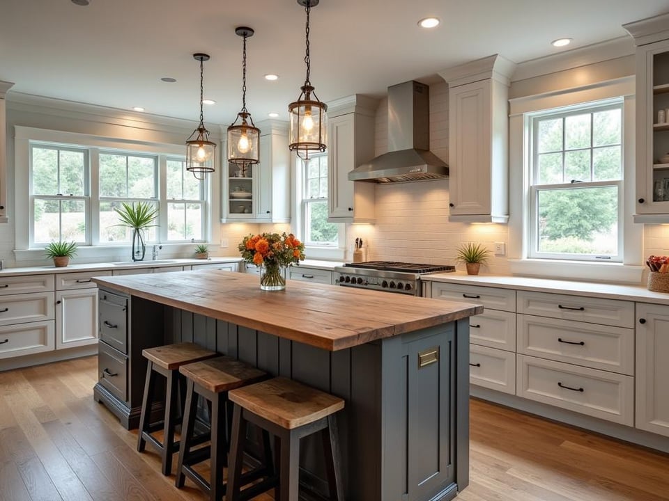 Bird’s eye view of kitchen featuring rustic island with reclaimed wood top