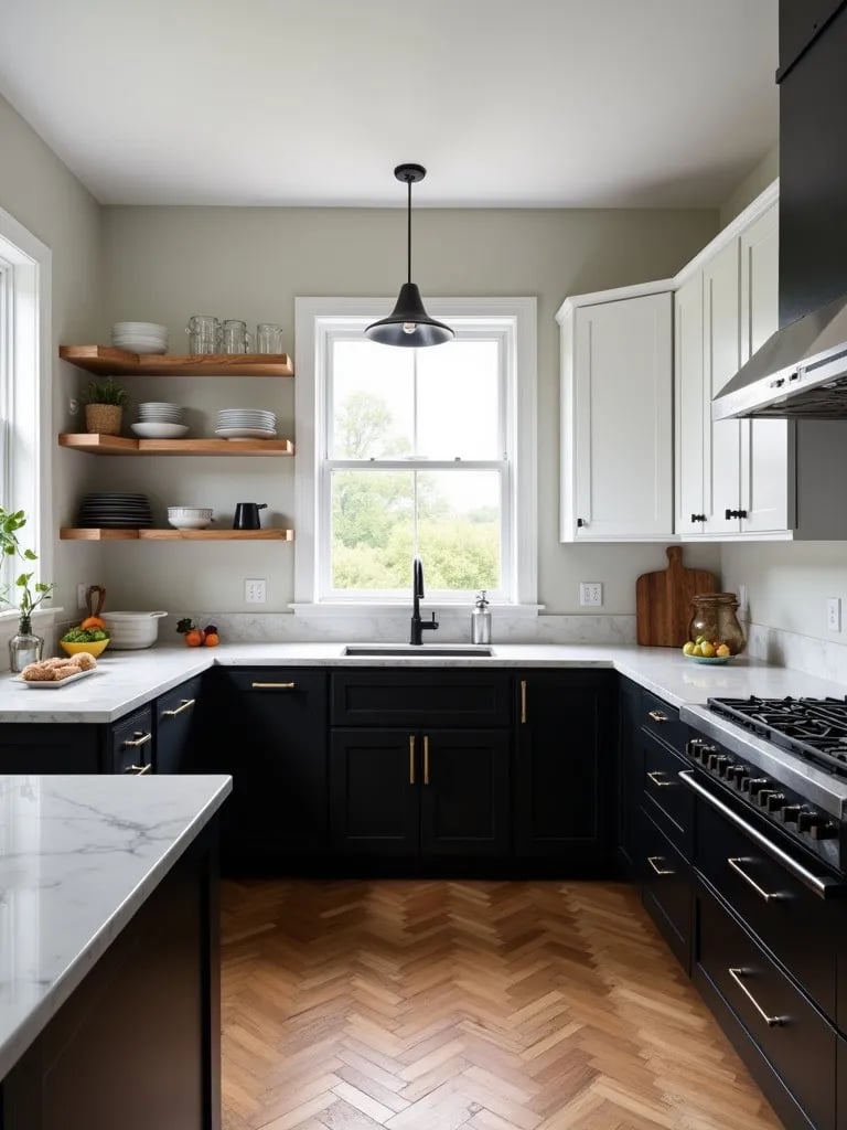 Black and white kitchen with patterned wood flooring