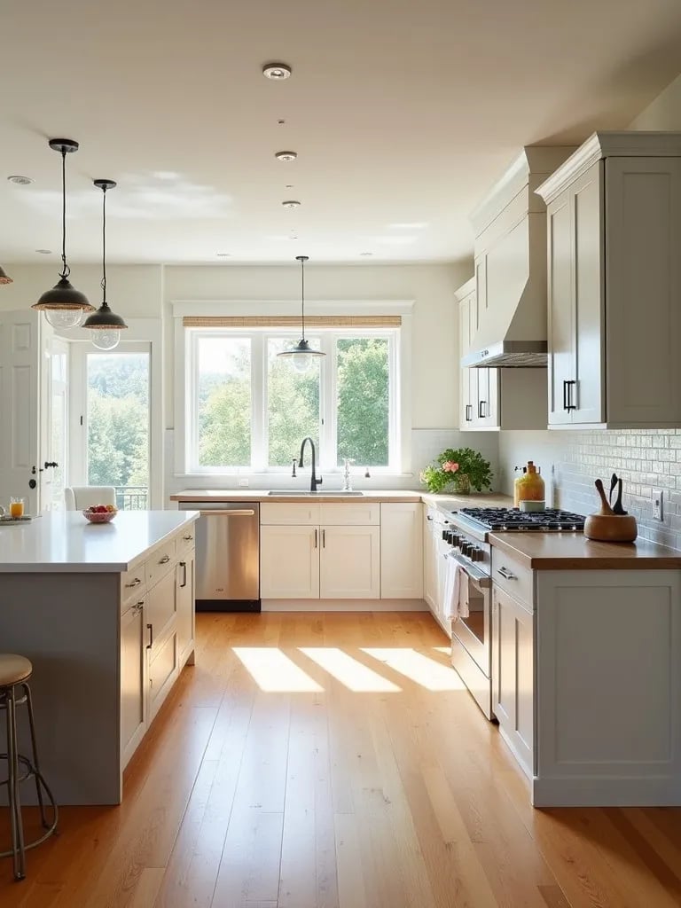 Bright farmhouse kitchen featuring honey toned hardwood floors