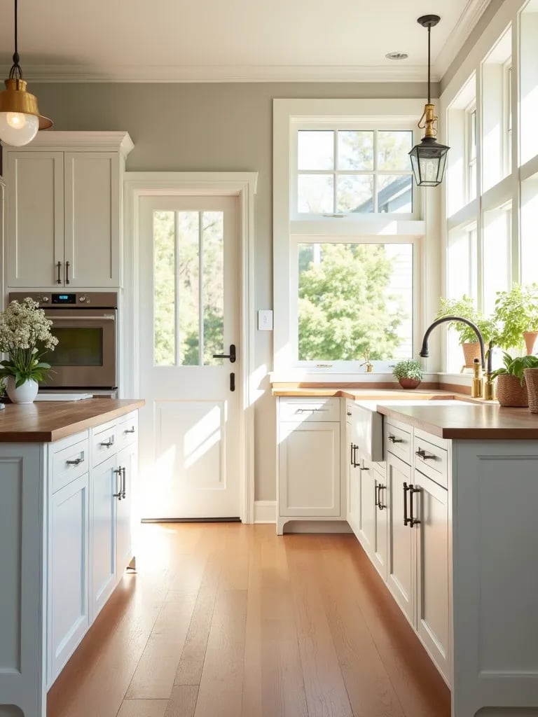 Bright farmhouse kitchen featuring white cabinets and large island