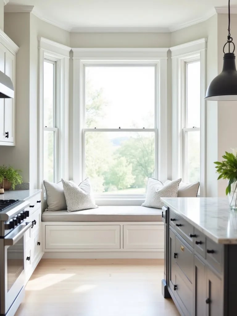 Bright farmhouse kitchen with bay window, window seat, and marble island