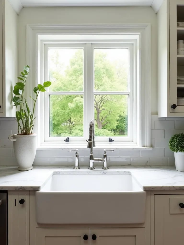 Bright farmhouse kitchen with double basin fireclay sink and garden view