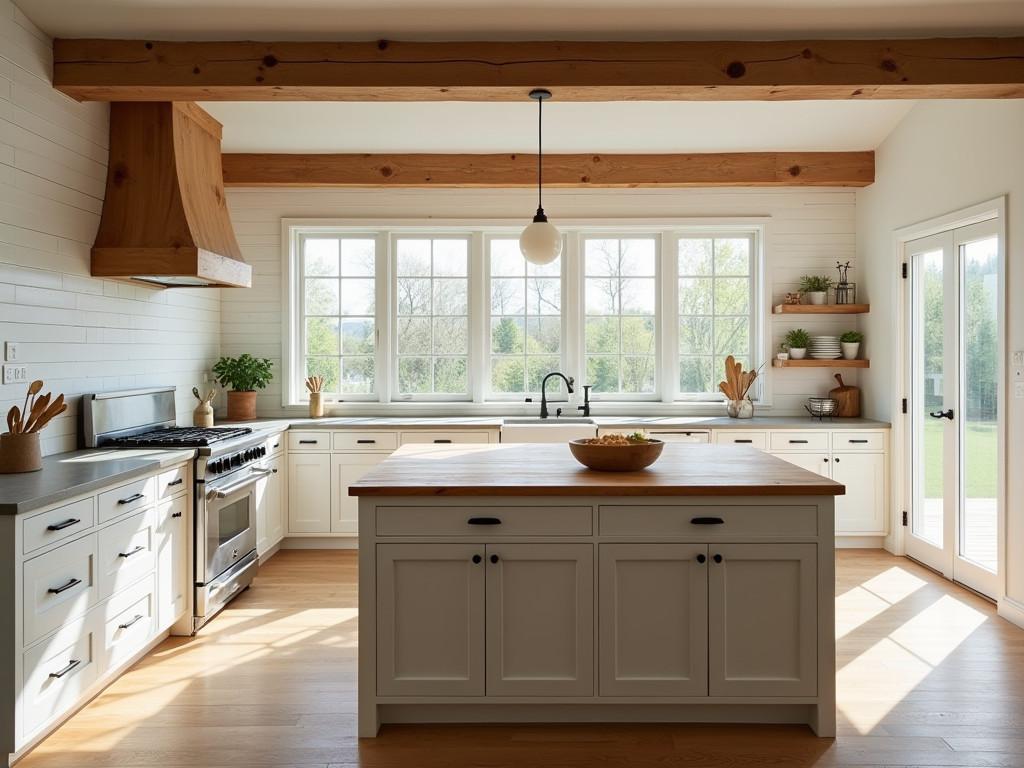 Bright farmhouse kitchen with large island and rustic details