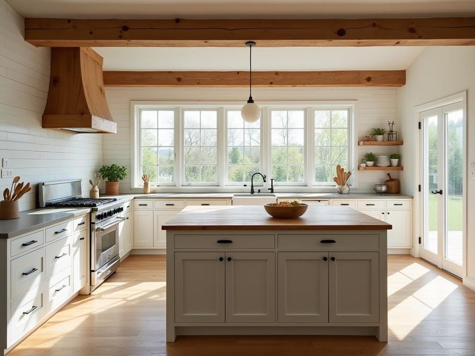 Bright farmhouse kitchen with large island and rustic details