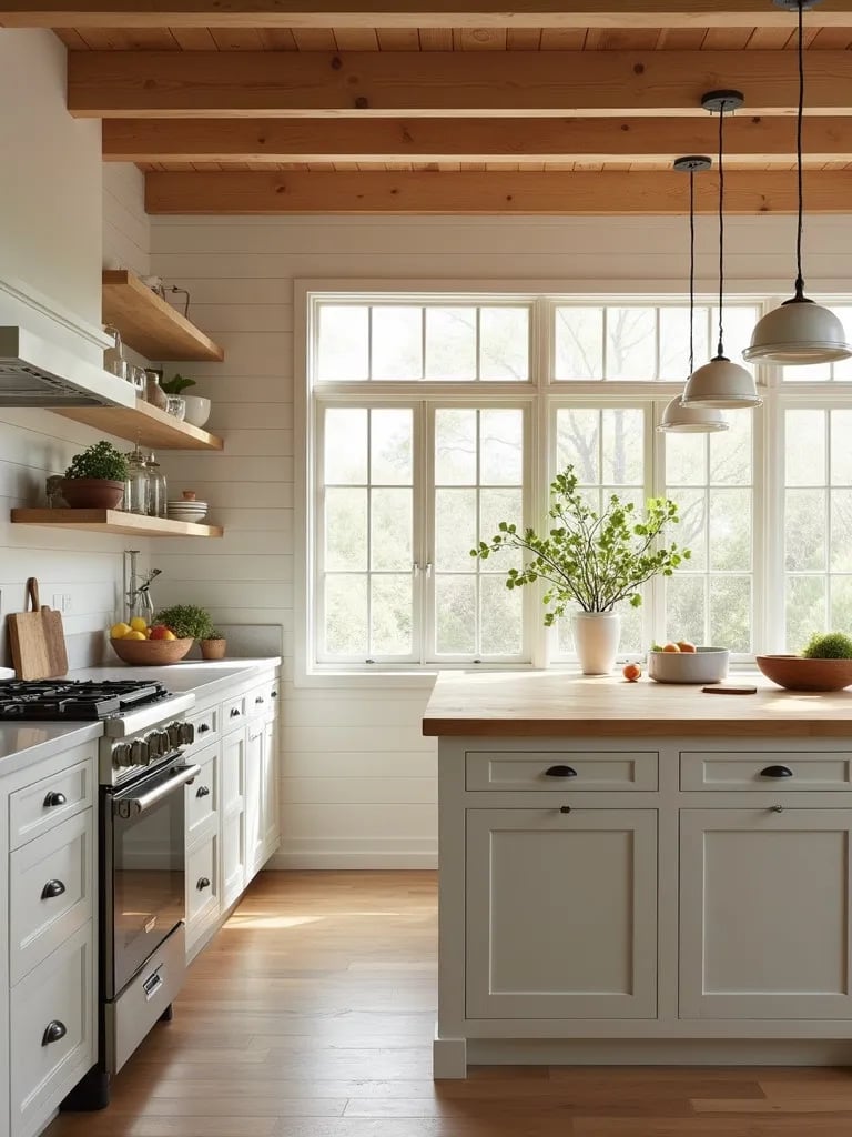 Bright farmhouse kitchen with large island and rustic elements