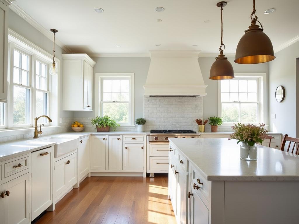 Bright farmhouse kitchen with white shaker cabinets and brass hardware