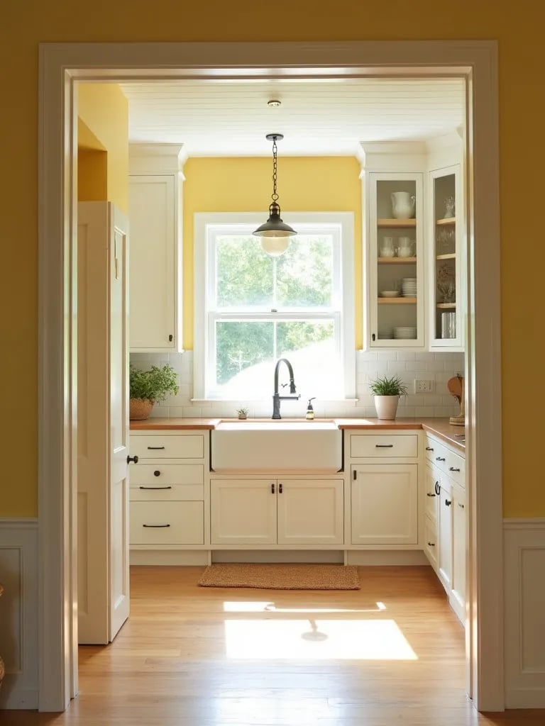 Bright farmhouse kitchen with yellow walls, white shiplap ceiling, and farmhouse sink