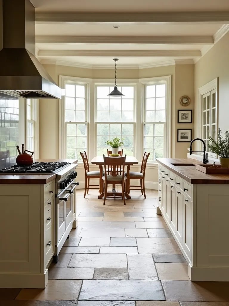 Bright kitchen featuring stone floors and butcher block island