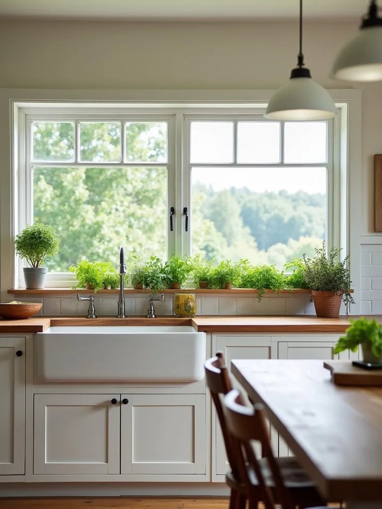 Bright kitchen with ceramic sink, butcher block counters, and herb garden