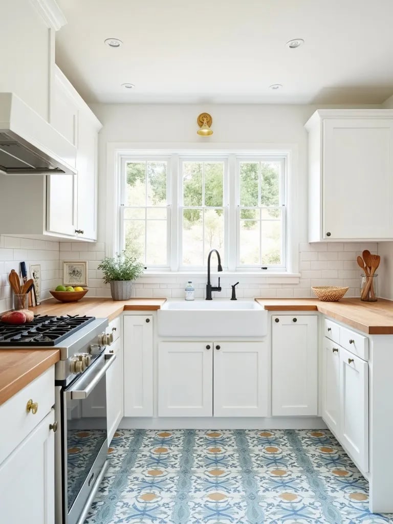 Bright kitchen with patterned cement tile flooring in blue and white